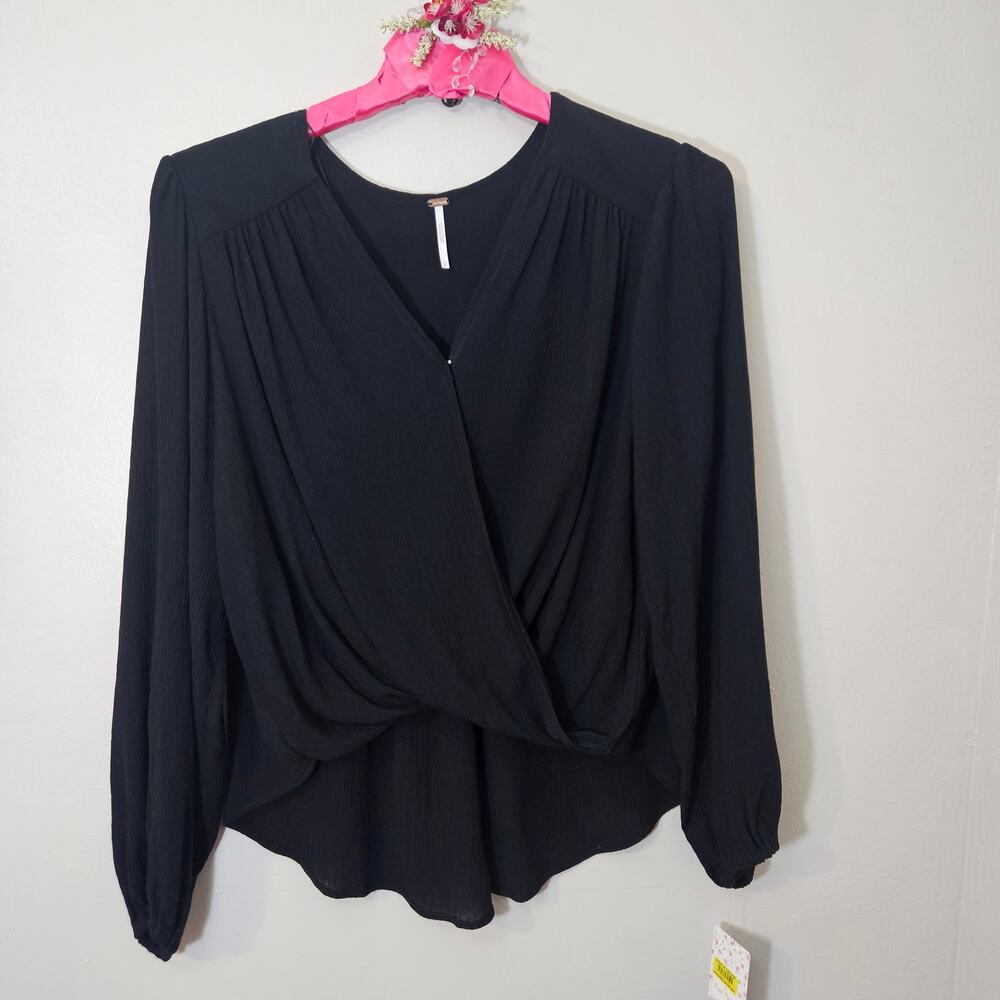 NWT Free People Textured SurpliceWrapBlouse Black Women S Boho Witchy Minimalist
